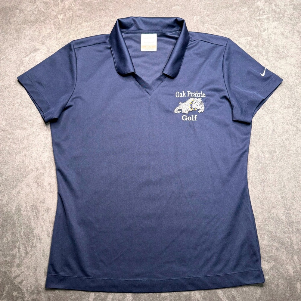 Nike Golf Polo Shirt Womens Medium Navy Blue Dri-FIT Oak Prairie Bulldog Logo